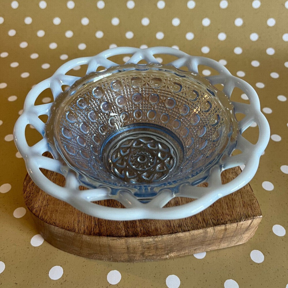 Vintage Imperial Glass Bowl Katy Blue Lace Edge Button Sugar Cane Depression Era